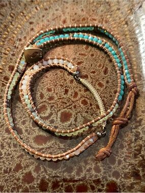 Nakamol Boho Brown Leather Wrap Bracelet with Turquoise and Mint Faceted Stones